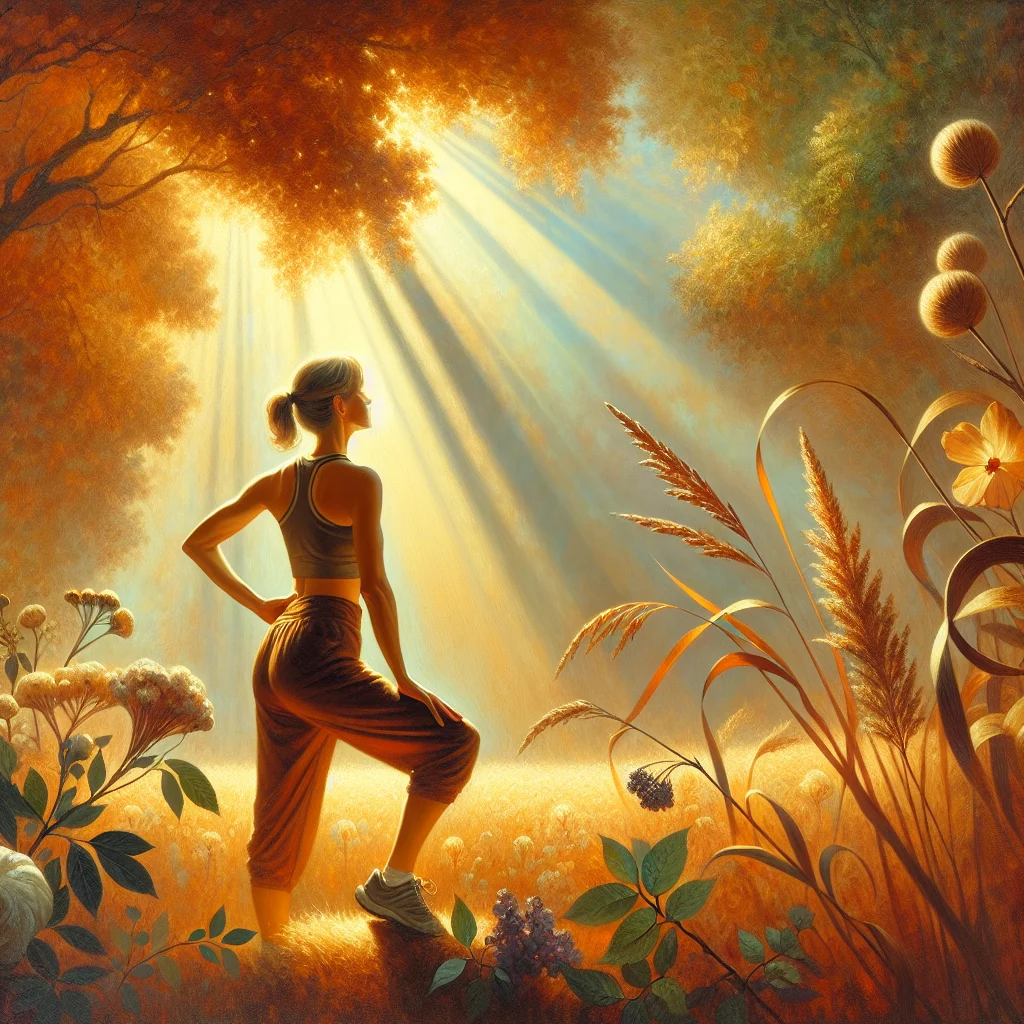 Middle-aged woman doing outdoor exercise in comfortable athletic wear, smiling while stretching in a park setting during menopause