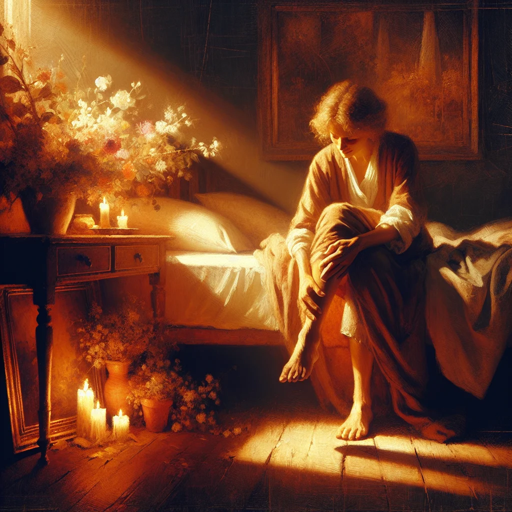 Middle-aged woman sitting on bed experiencing leg cramp during menopause at night