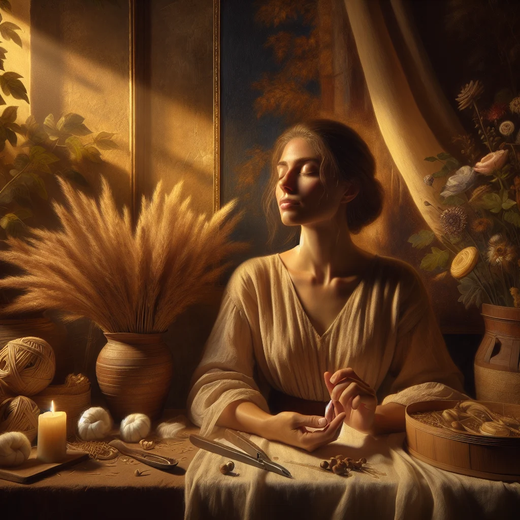 Woman in her 50s sitting peacefully with eyes closed, surrounded by natural elements representing mental clarity during menopause