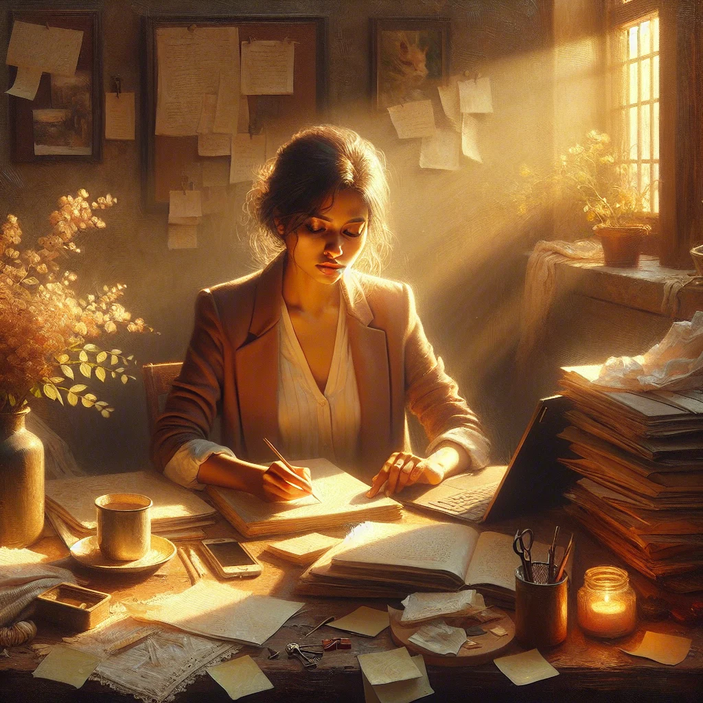 woman-experiencing-mental-exhaustion-from-decisions Woman sitting at desk surrounded by sticky notes and lists showing signs of decision fatigue and mental overwhelm