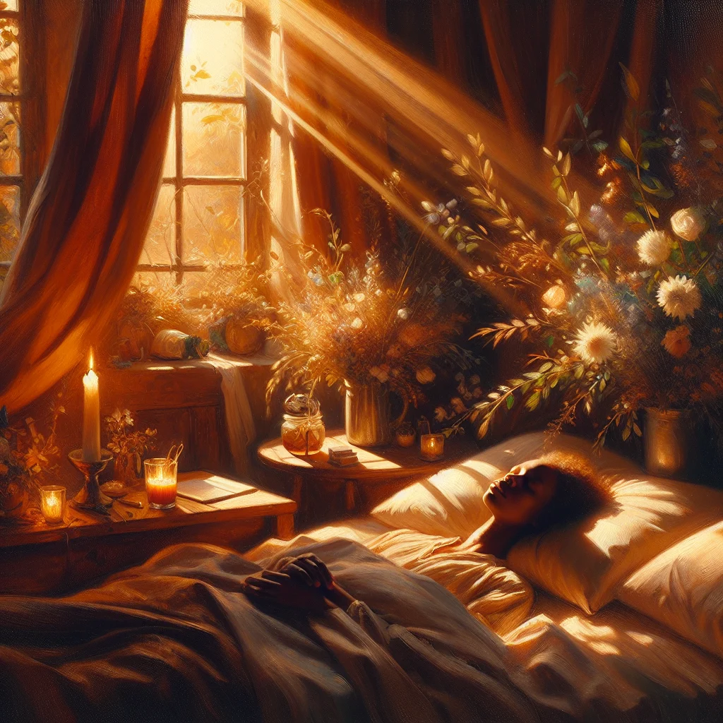 woman-meditating-bedroom-night Woman practicing deep sleep meditation in a peaceful bedroom during hormonal changes