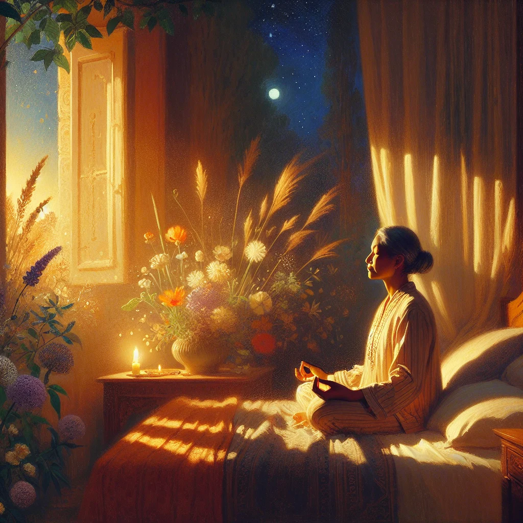 Woman practicing 3am waking menopause meditation while sitting comfortably in bed with soft ambient lighting