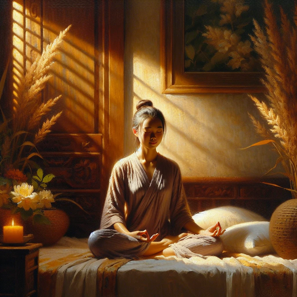 Woman practicing meditation for broken sleep menopause in a calm bedroom environment at night