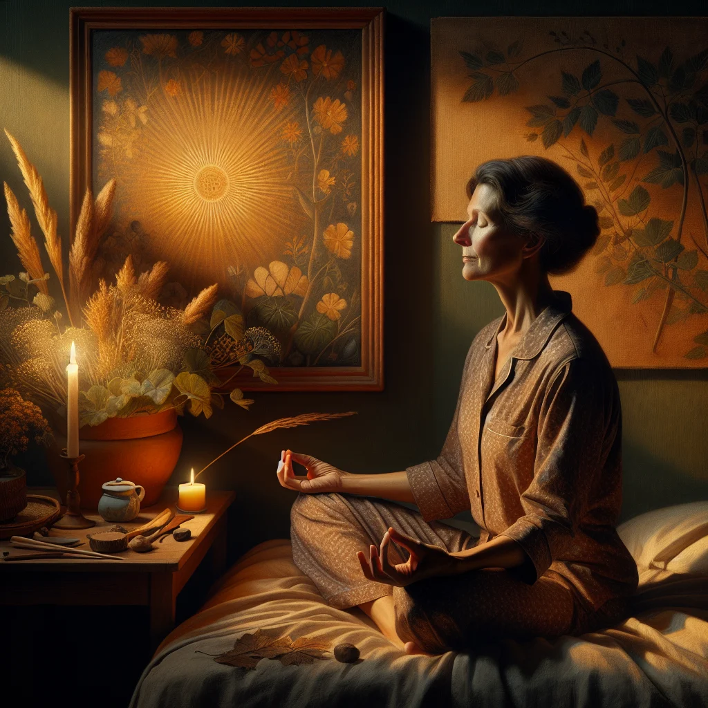 Woman practicing meditation for menopause insomnia in a calm bedroom setting at nighttime