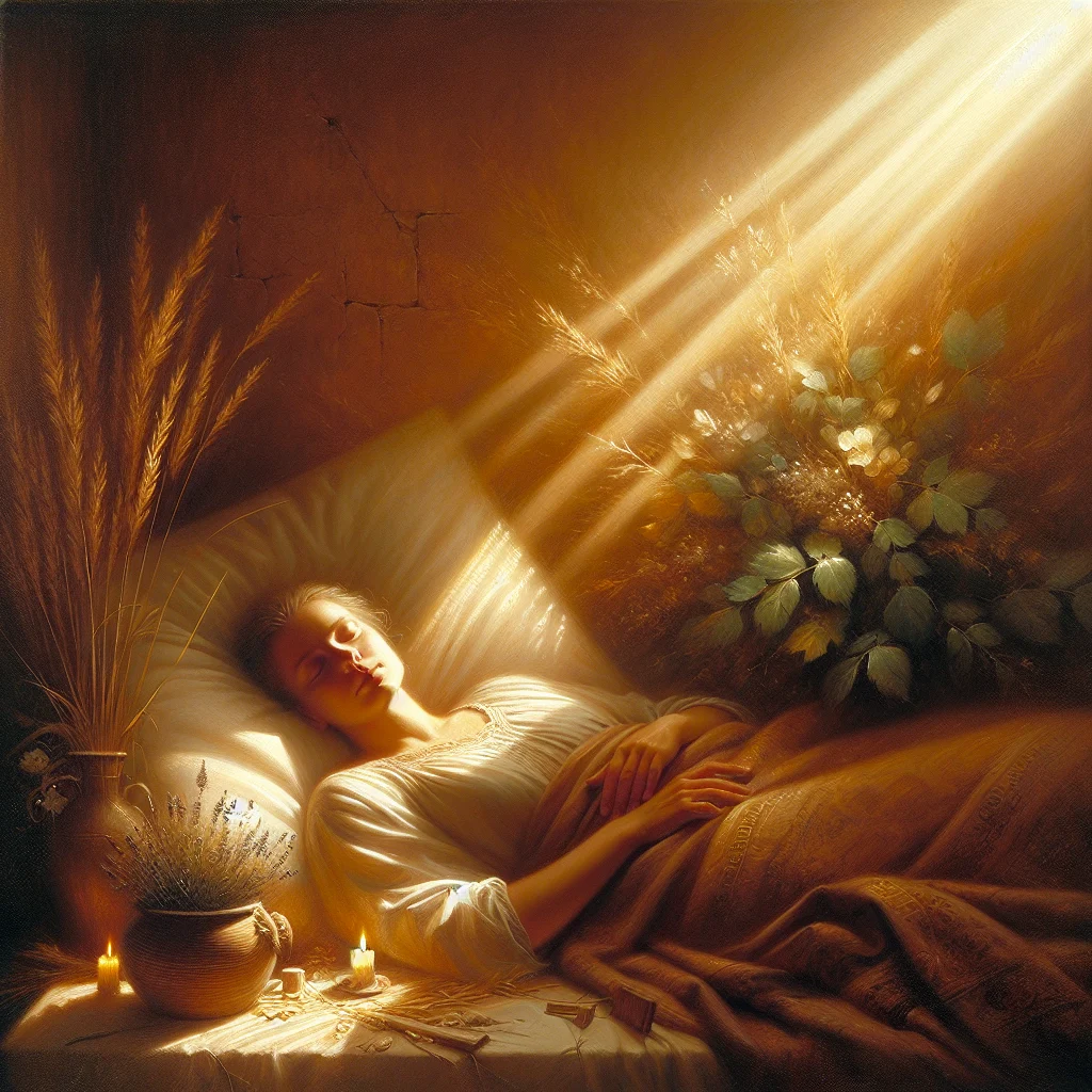 Woman practicing sleep meditation for perimenopause in a calm bedroom environment at night