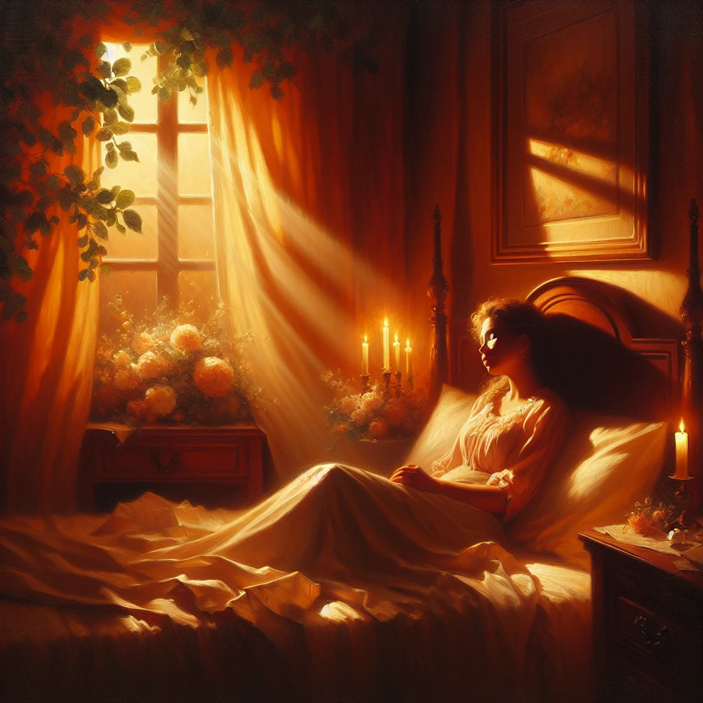 woman-meditating-peacefully-in-bed-at-night Peaceful woman practicing middle of the night meditation menopause techniques while sitting up in bed with soft lighting