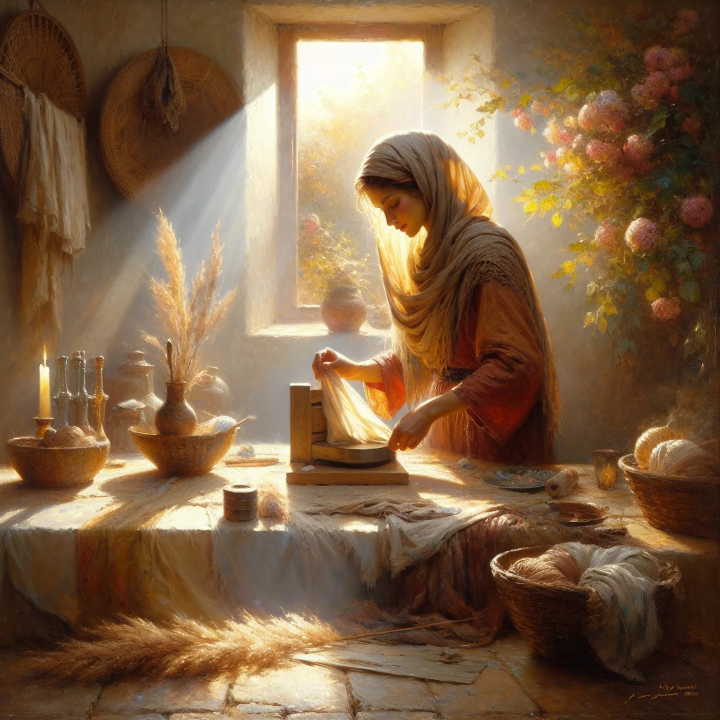 Woman practicing calm techniques during cleaning while wiping kitchen counter with focused expression