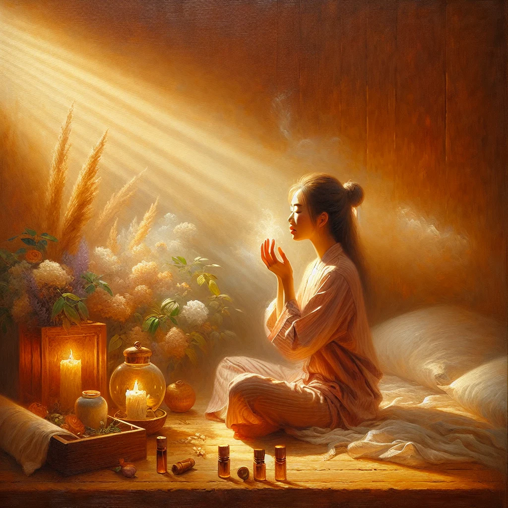 A woman in comfortable sleepwear inhaling aromatherapy oils from her palms in a softly lit bedroom with candles