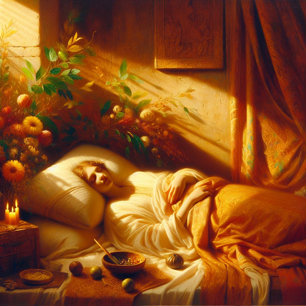 woman-practicing-body-scan-meditation-bedroom Woman lying in comfortable bed practicing body scan meditation for sleep during menopause with peaceful expression