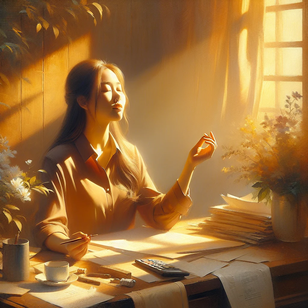 Woman practicing breathing reset at her desk during a work break