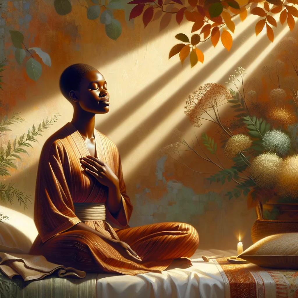Peaceful woman sitting in bed practicing deep breathing exercises to activate the vagus nerve before sleep