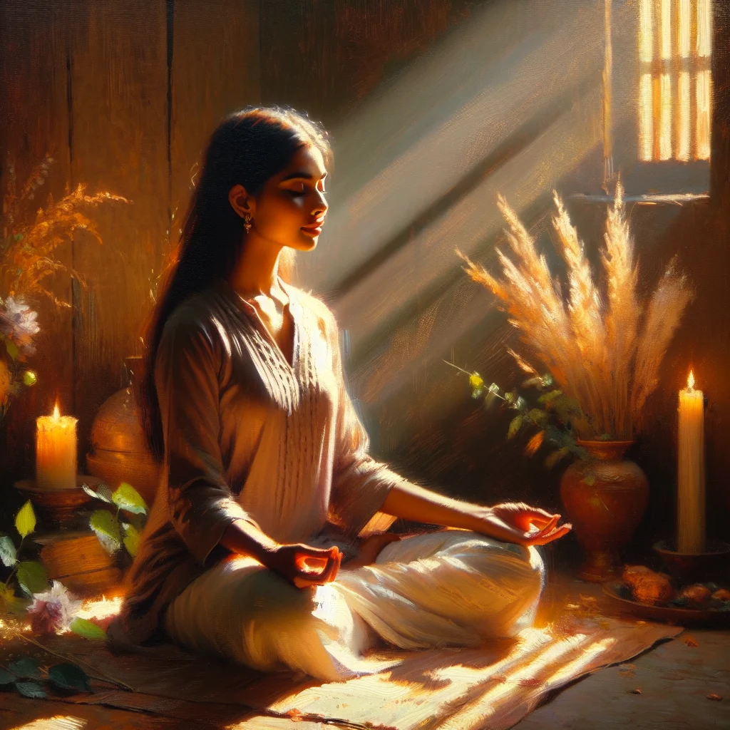 Peaceful woman demonstrating deep breathing technique to activate the parasympathetic nervous system