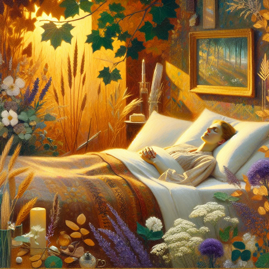 Woman practicing sleep onset meditation in dimly lit bedroom during perimenopause