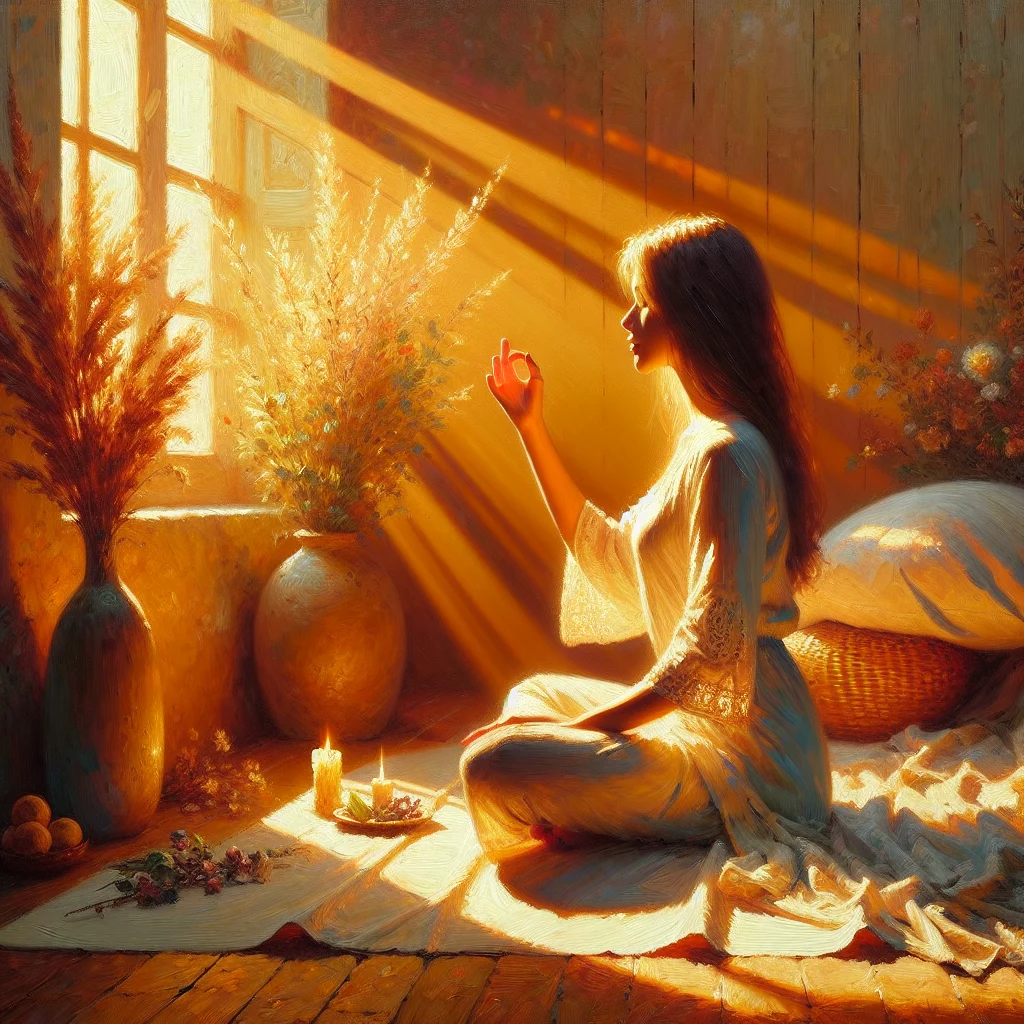 woman-practicing-morning-emotional-balance-routine Woman starting her day with a calming morning routine for emotional balance in a peaceful bedroom setting