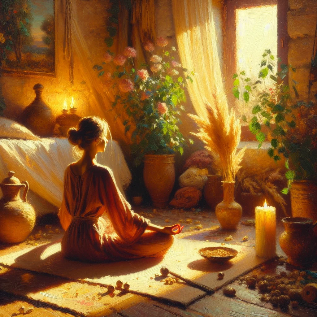 Woman practicing mindfulness meditation in the morning to lower cortisol levels naturally