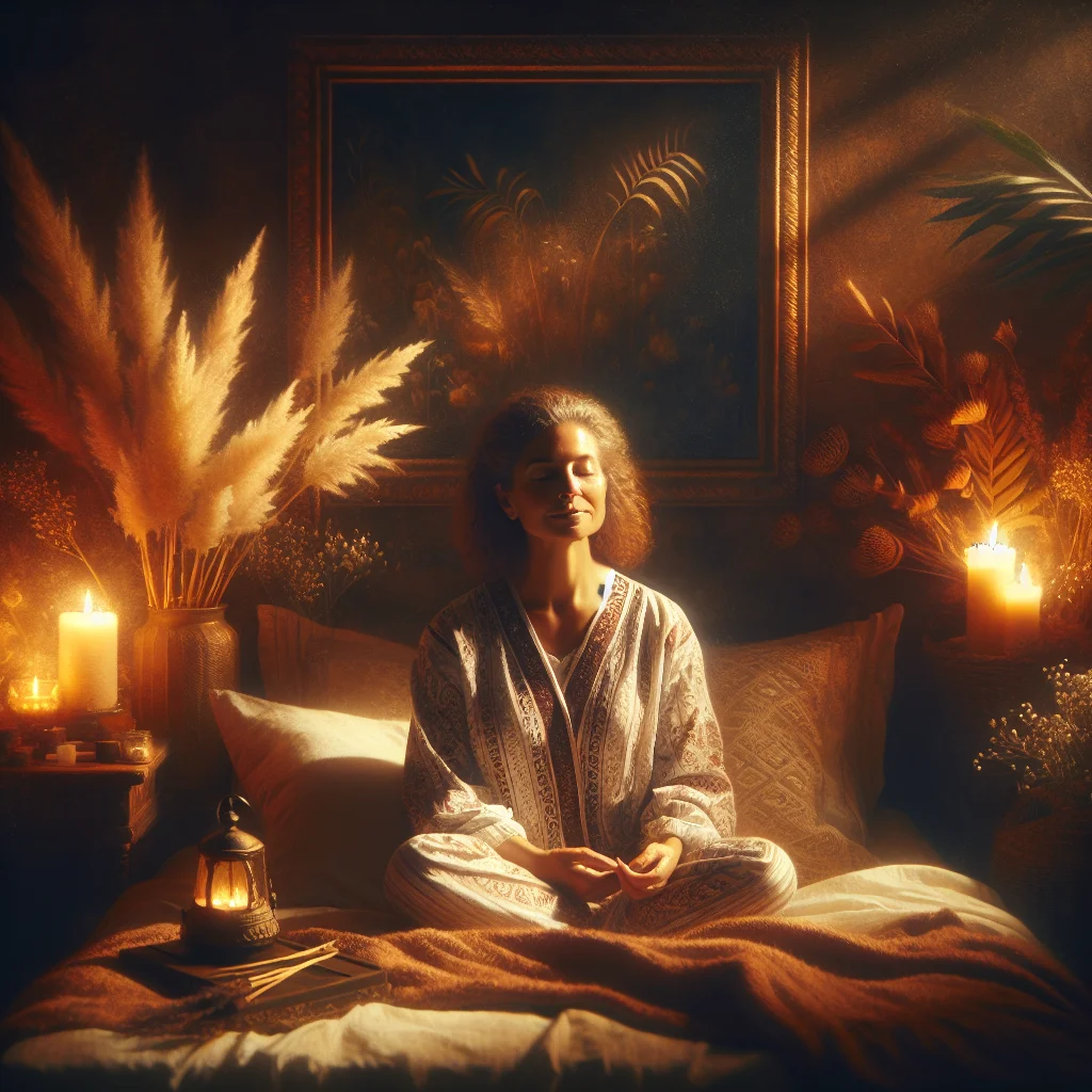 woman-practicing-nighttime-meditation Menopausal woman practicing guided sleep meditation in peaceful bedroom setting with soft lighting