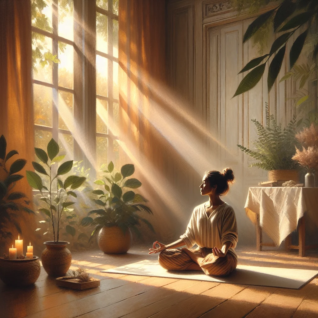 Woman practicing yoga in a peaceful indoor space with natural light for anxiety management