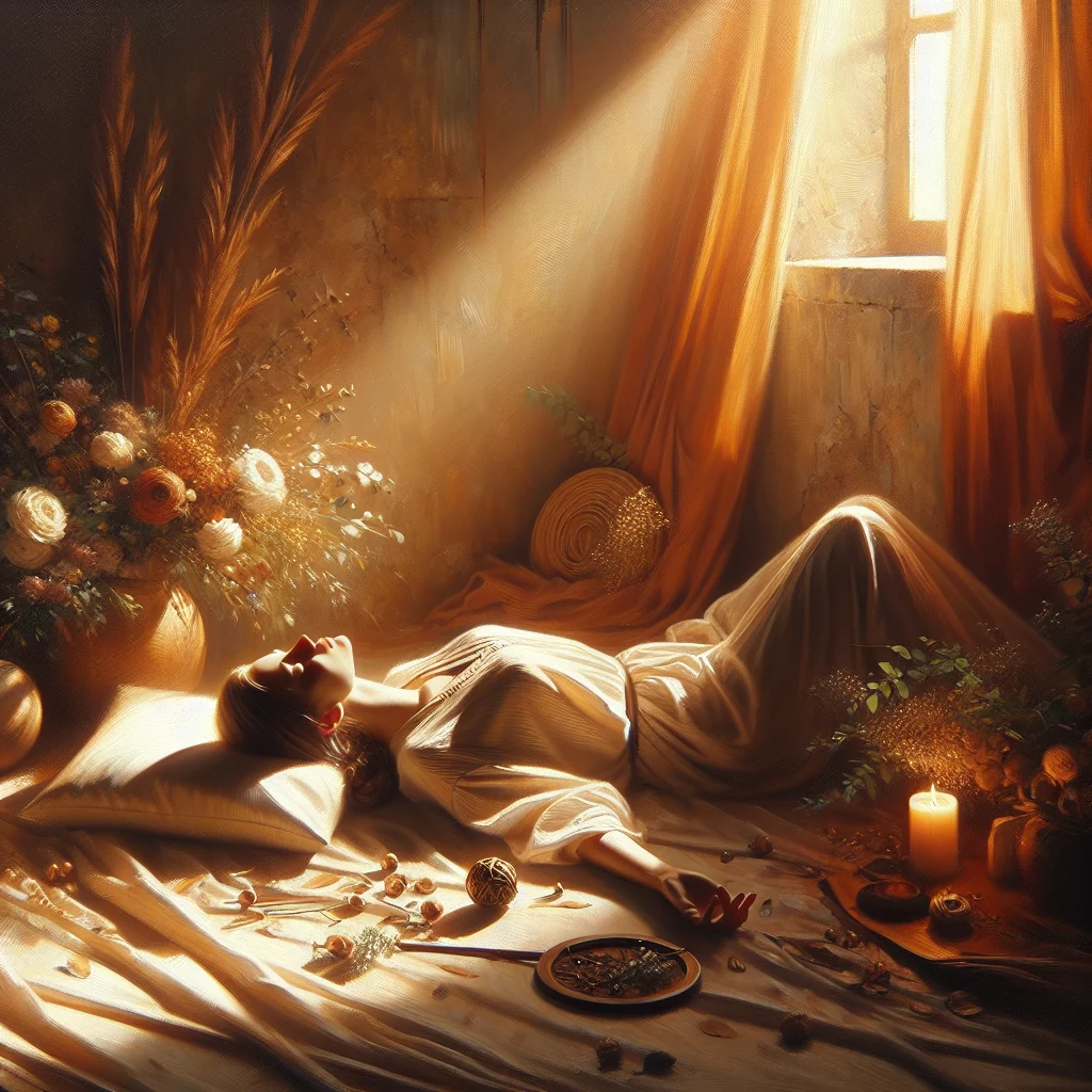 Woman lying down in a comfortable position practicing yoga nidra for insomnia in a dimly lit peaceful bedroom