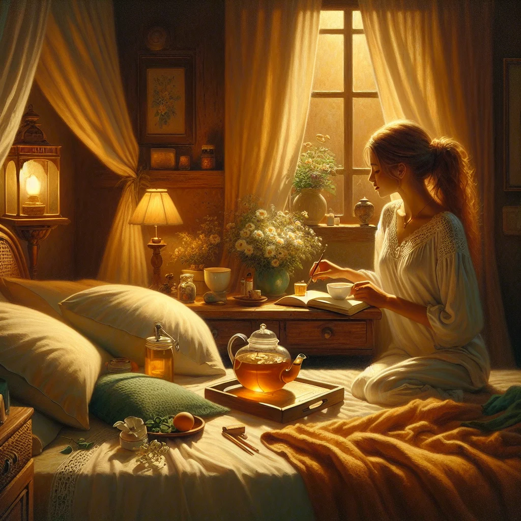 Woman preparing calming evening tea as part of her bedtime ritual for adults