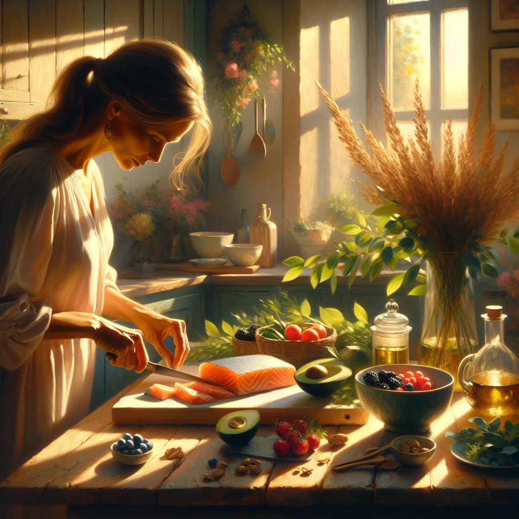 Woman in her 50s preparing colorful anti-inflammatory foods including salmon, leafy greens, berries, and olive oil in a bright kitchen