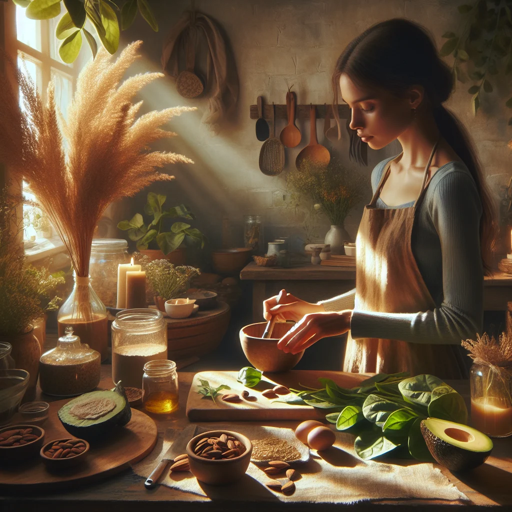 woman-preparing-magnesium-rich-meal Woman in a calm kitchen preparing a healthy meal with magnesium rich foods for stress including spinach, almonds, and avocado