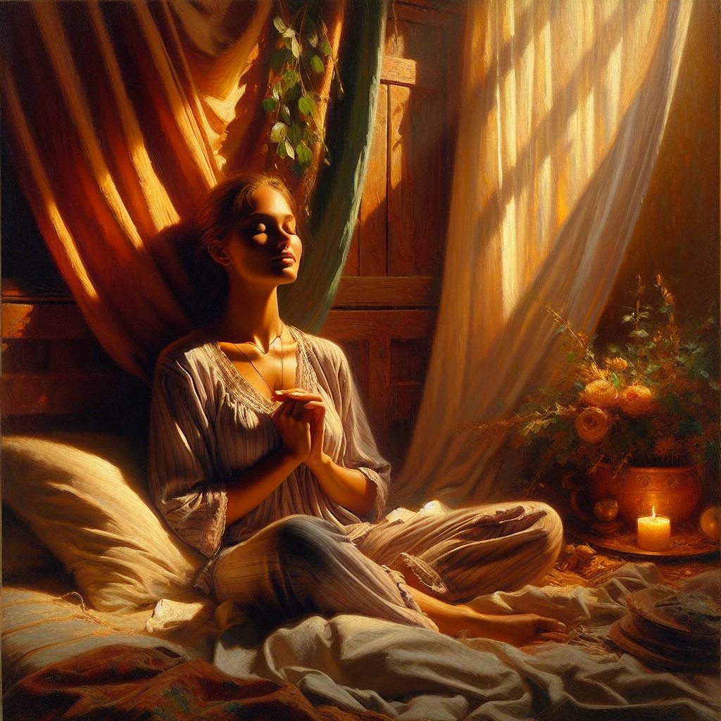 Woman practicing evening mindfulness routine to prepare her mind for sleep in a calm bedroom environment