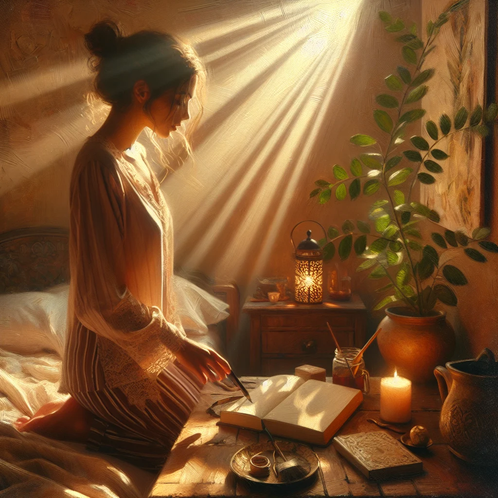 Woman creating a peaceful relaxing night routine with candles and tea in a cozy bedroom setting