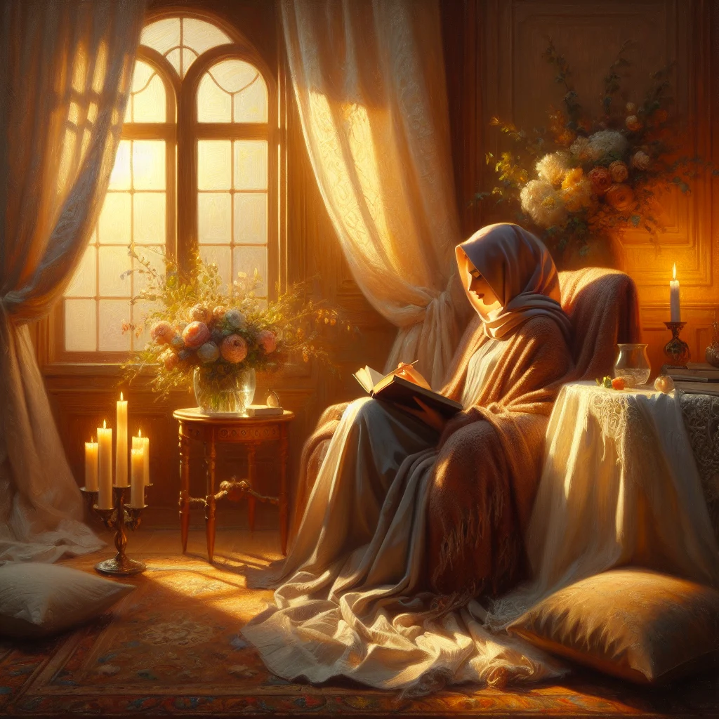 woman-reading-book-evening-candlelight Woman enjoying evening self-care without phone by reading a book in soft candlelight