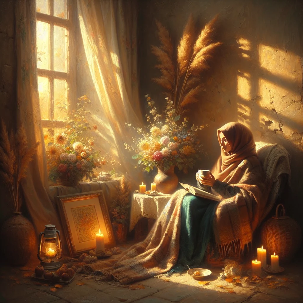 Woman enjoying a cozy evening self care routine with dim lighting and comfortable surroundings