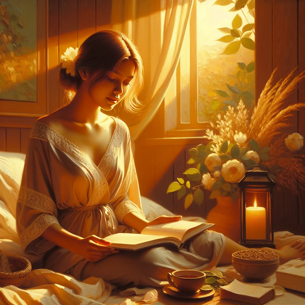 Woman practicing evening routine to improve sleep quality in dimly lit bedroom