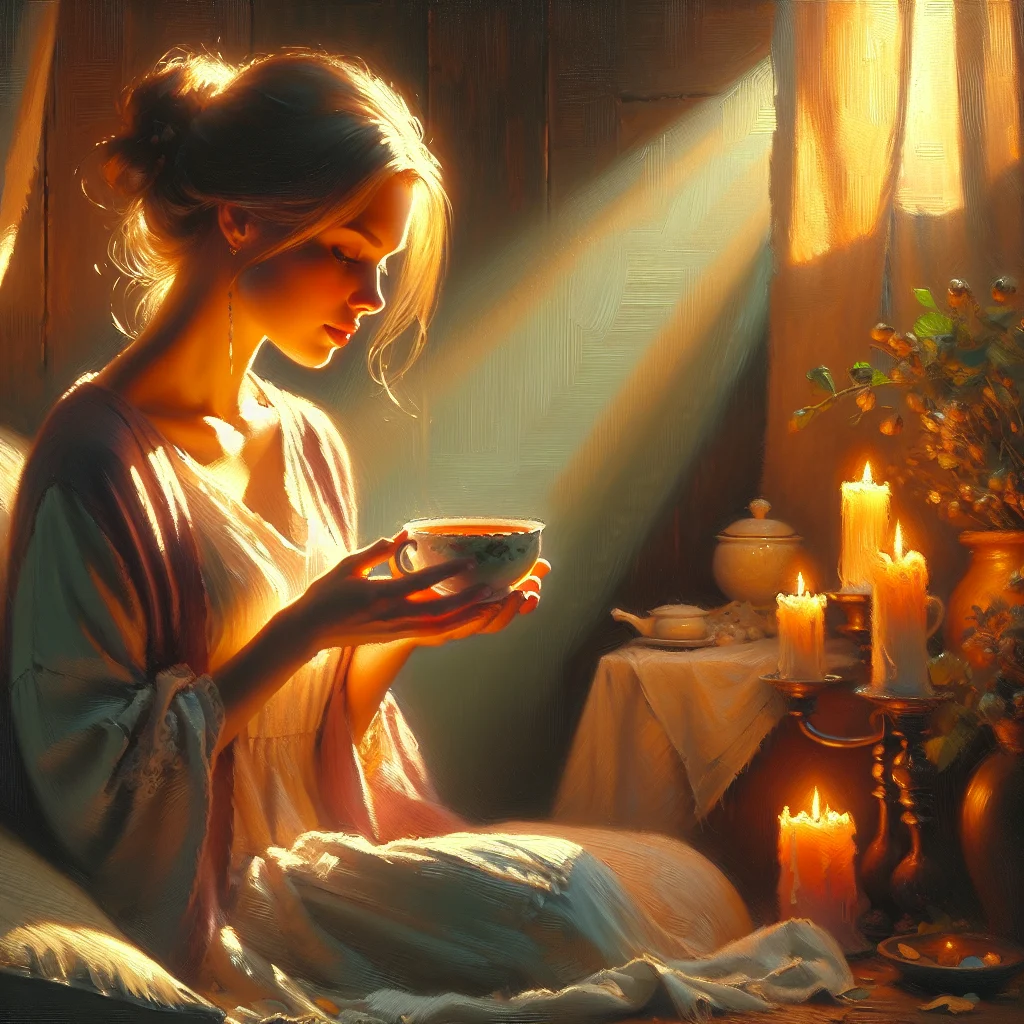 woman-relaxing-evening-tea-candles Woman enjoying a peaceful evening at home with tea and soft candlelight for relaxation