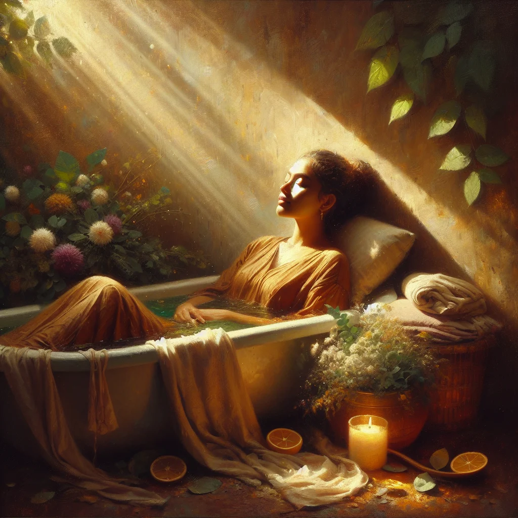 Woman experiencing deep muscle relaxation while soaking in a warm therapeutic bath