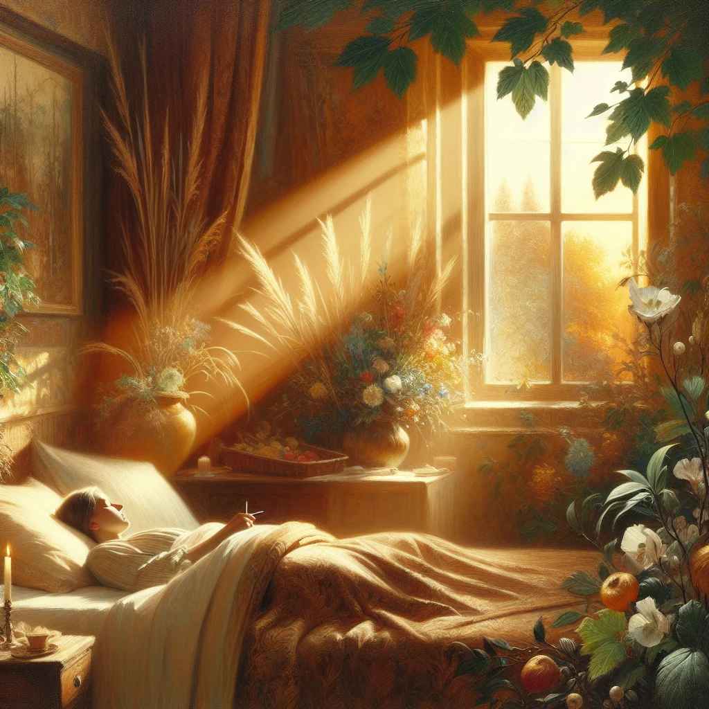 Middle-aged woman sleeping peacefully in a comfortable bedroom with natural elements promoting better sleep during menopause