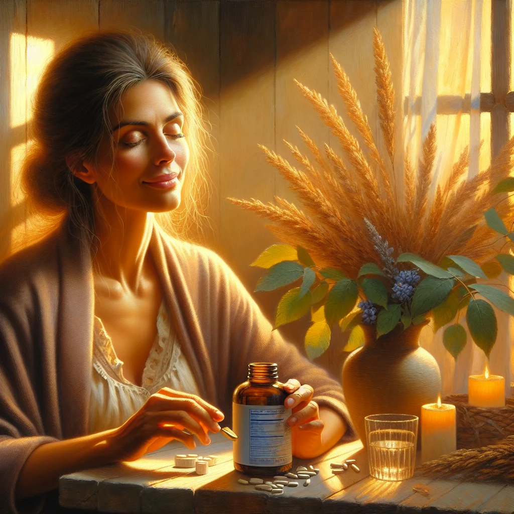 Middle-aged woman in comfortable home setting taking natural herbal supplement with glass of water for menopause relief