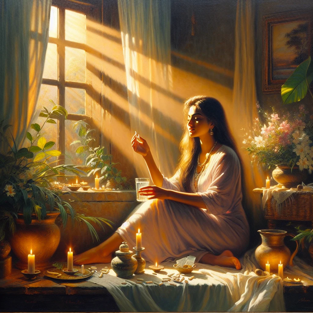 Woman taking cortisol-lowering supplements with a glass of water in a peaceful morning setting