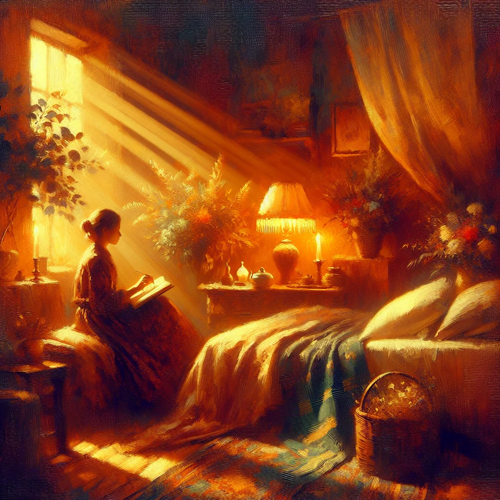 Woman writing in a gratitude journal while sitting comfortably in bed with soft lighting