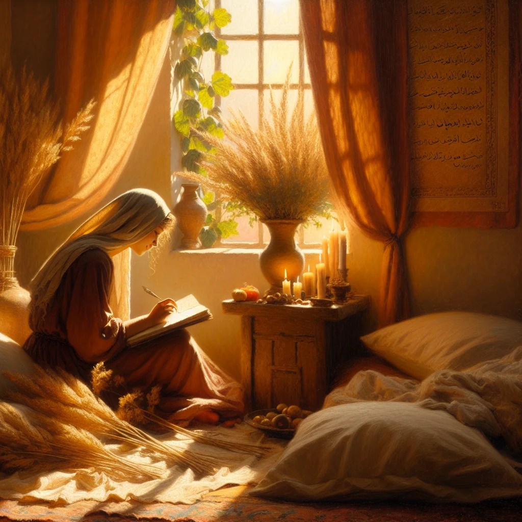 Woman peacefully writing an evening gratitude list in a cozy bedroom setting with soft lighting
