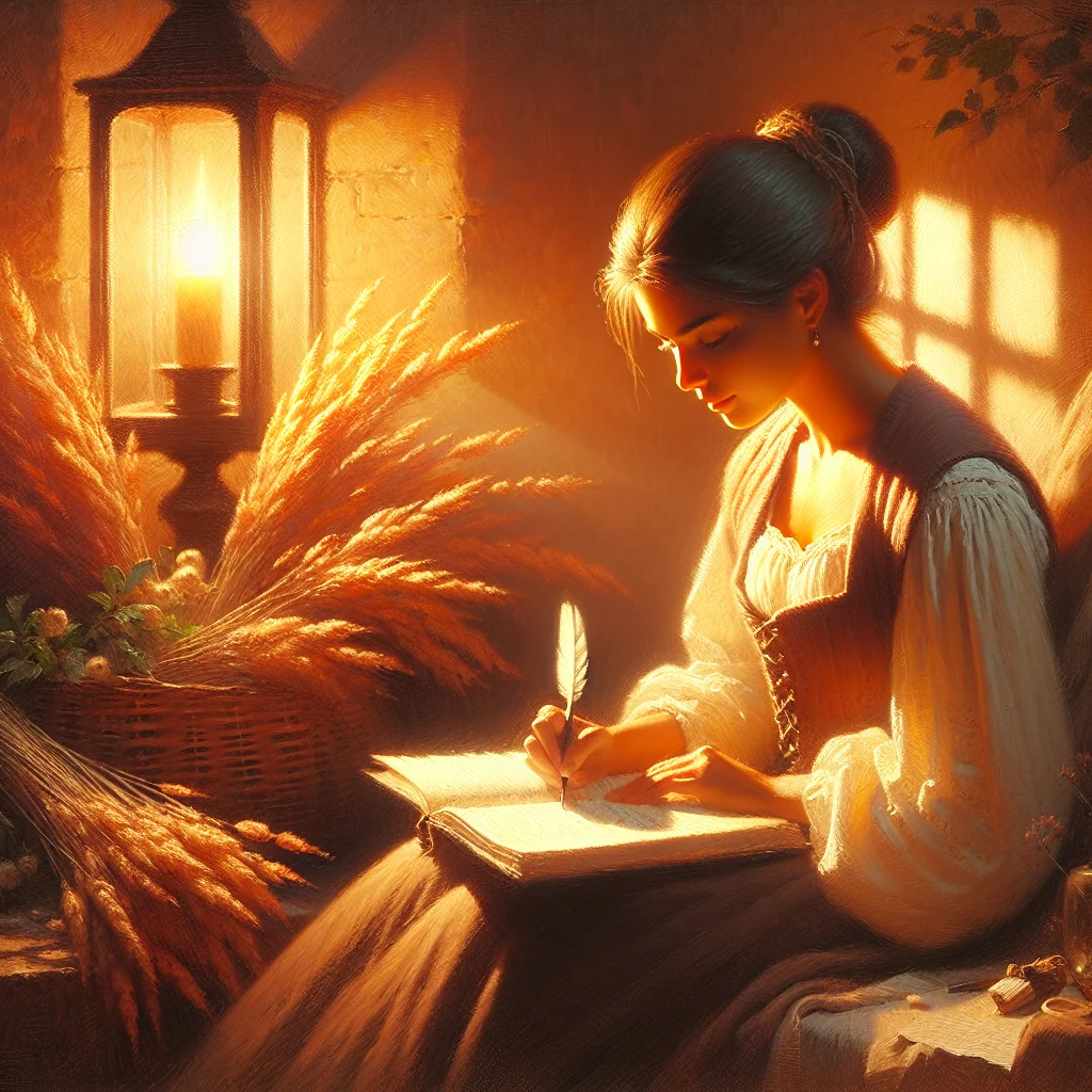 Woman peacefully writing in her journal during evening hours by soft lamplight