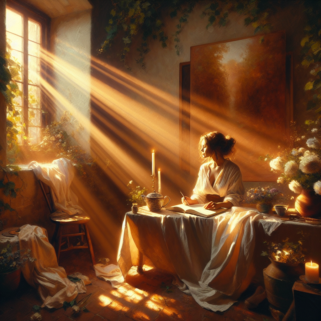 Woman enjoying peaceful morning routine with journal and tea, phone nowhere in sight