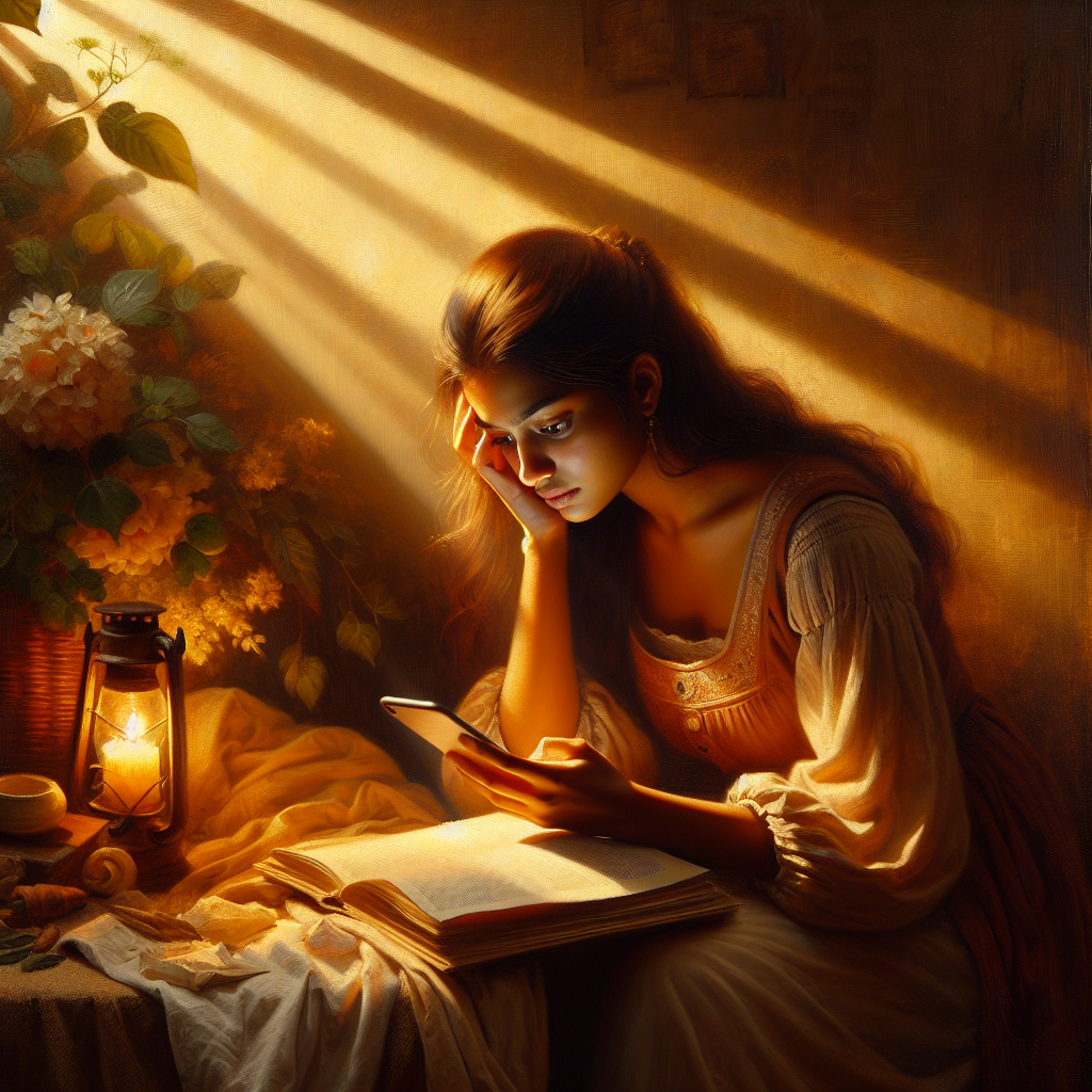 Person looking stressed while scrolling through social media on their phone in a dimly lit room