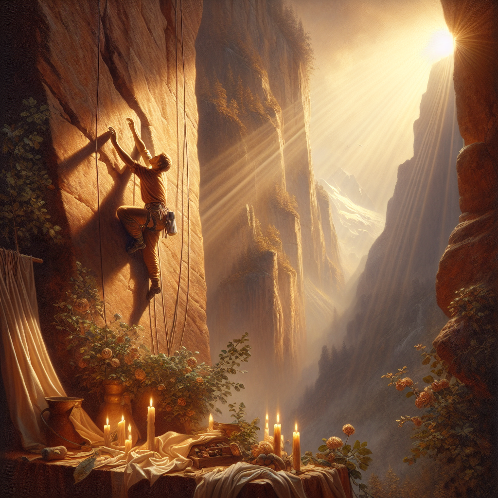 Mountain climber taking the next challenging step upward symbolizing overcoming fear of failure