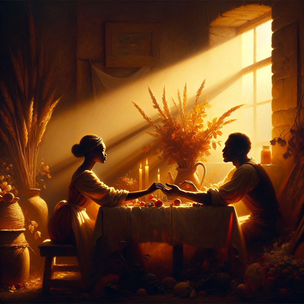 Two people healing avoidant attachment by holding hands across a table in a warm, supportive setting